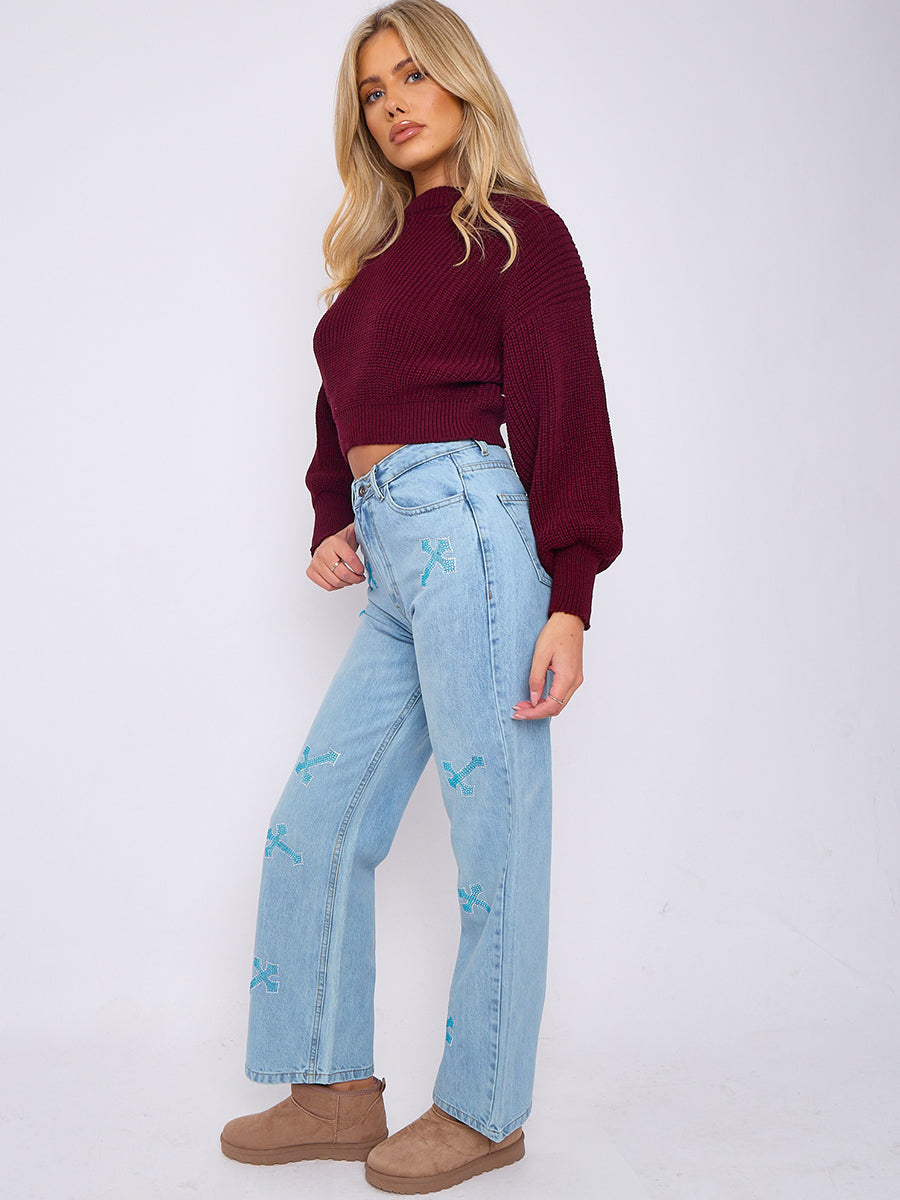 Diamante Crucifix Detail Straight Leg Denim Jeans