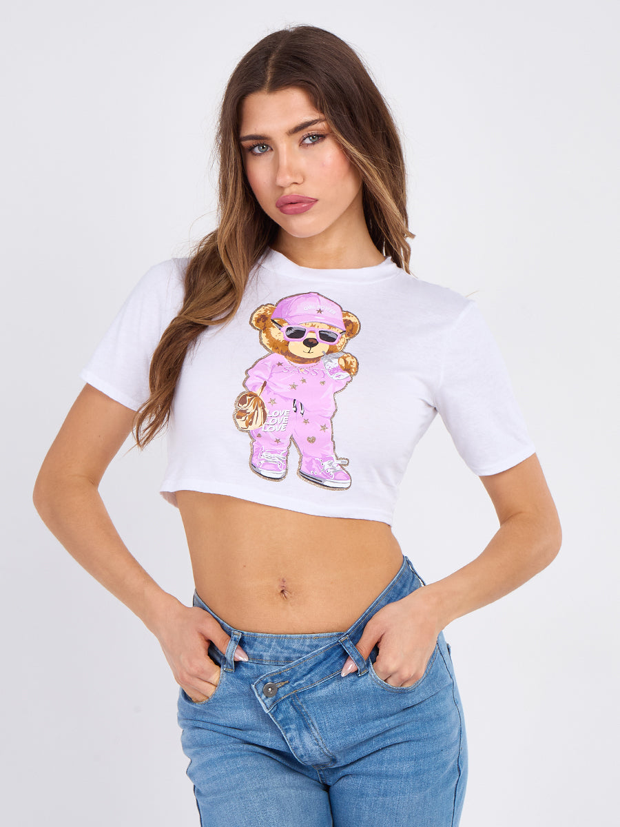 Sassy Print Teddy Graphic Crop Top