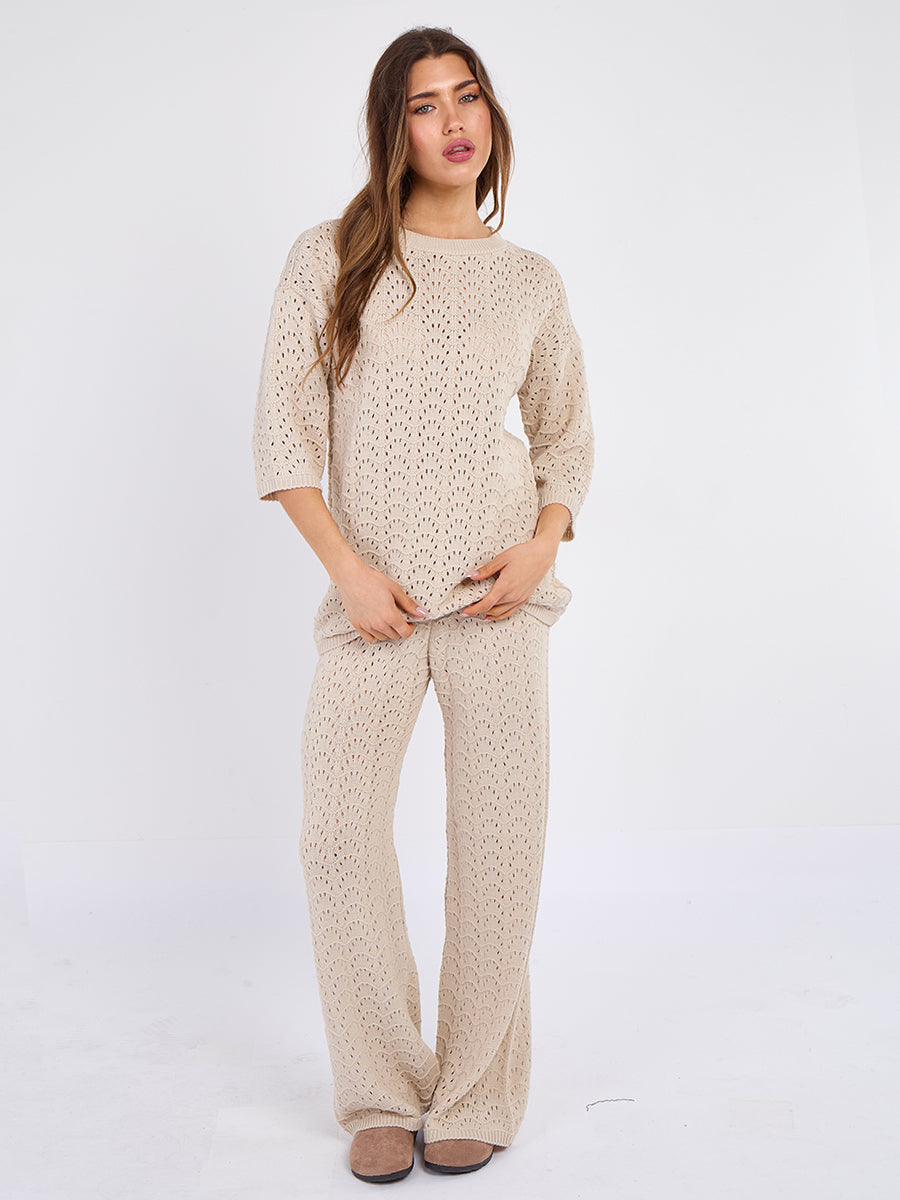 Boxy Knitted Short Sleeve Top and Wide Leg Trouser Co-ord