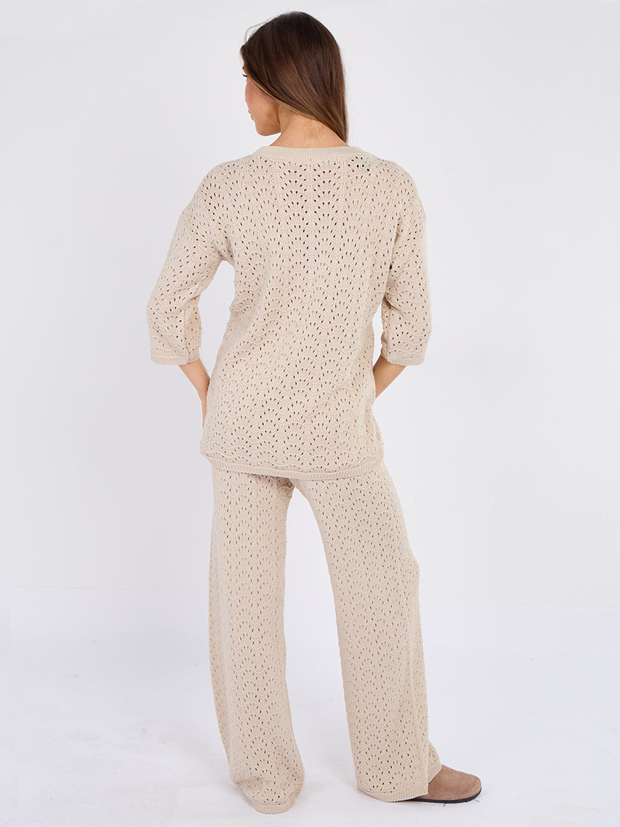 Boxy Knitted Short Sleeve Top and Wide Leg Trouser Co-ord