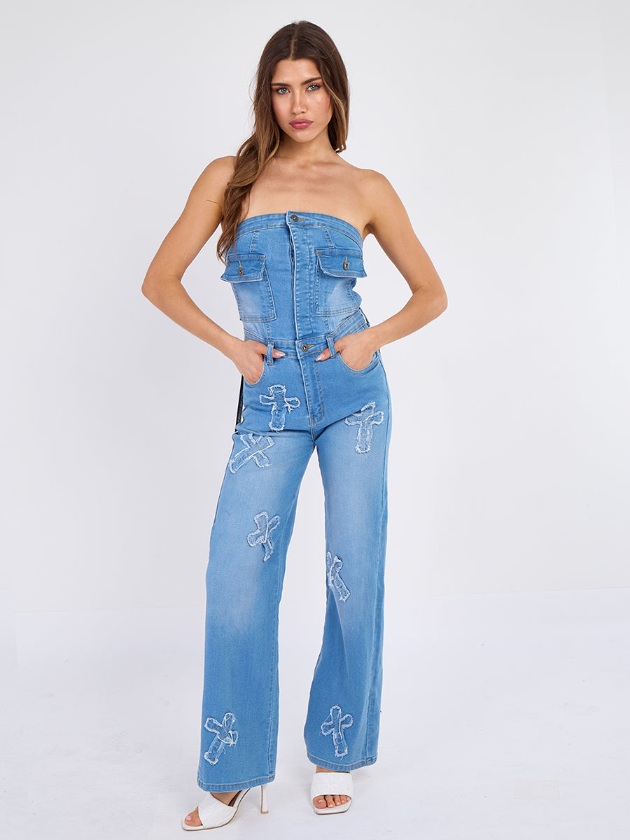 Cross Patch Bandeau Denim Jumpsuit