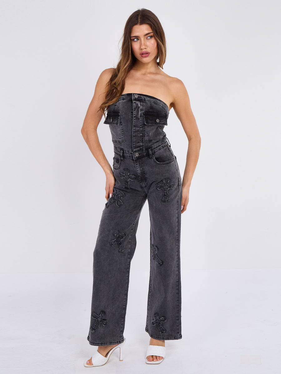 Cross Patch Bandeau Denim Jumpsuit