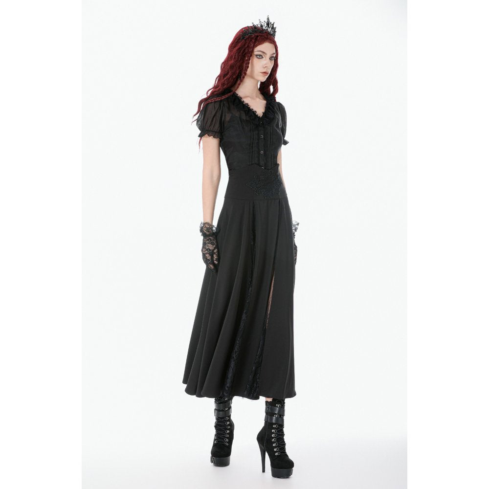 Dark in Love Dalaria High Waist Gothic Long Skirt - Lace Inset Panel