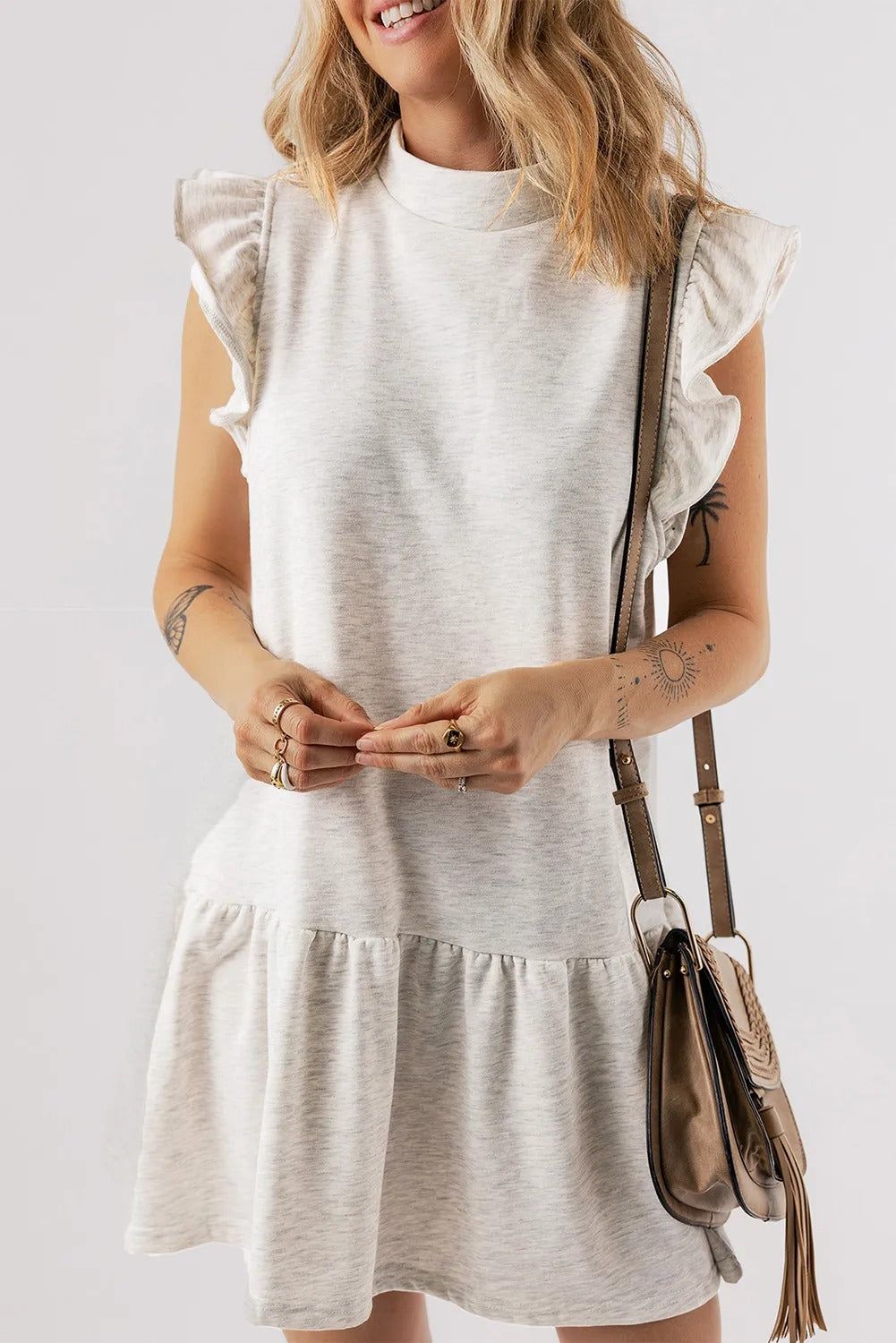 White Flutter Sleeve Crew Neck Dress