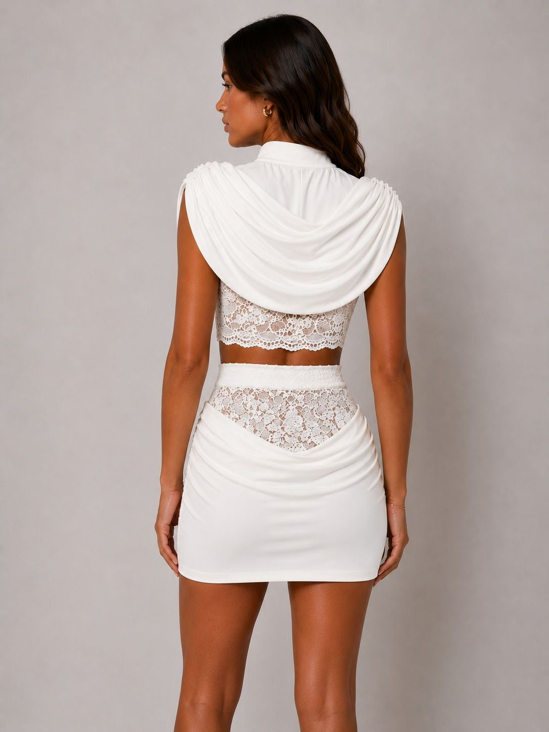 Draped High Neckline Lace Detail Top & Skirt Co-Ord