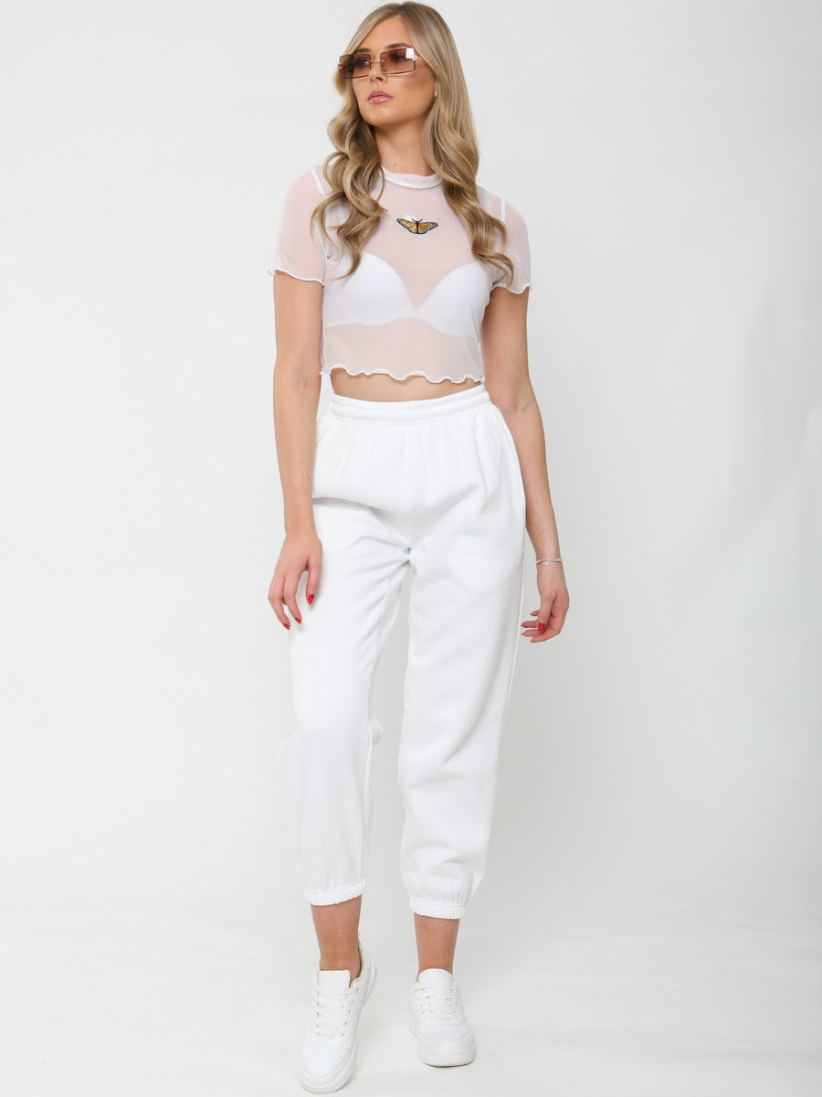 Butterfly Embroidered Mesh Crop Top