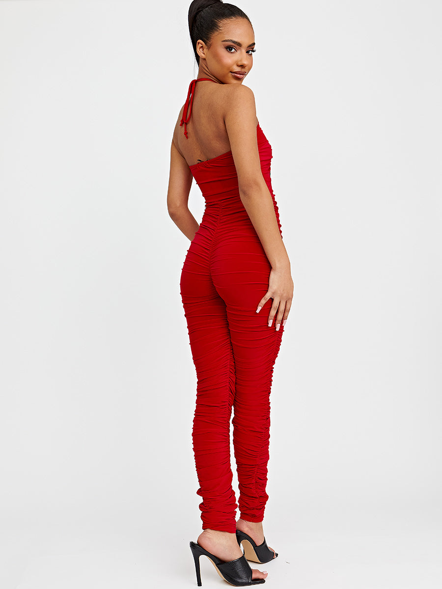 Halter Cut Out Front Slinky Ruched Jumpsuit