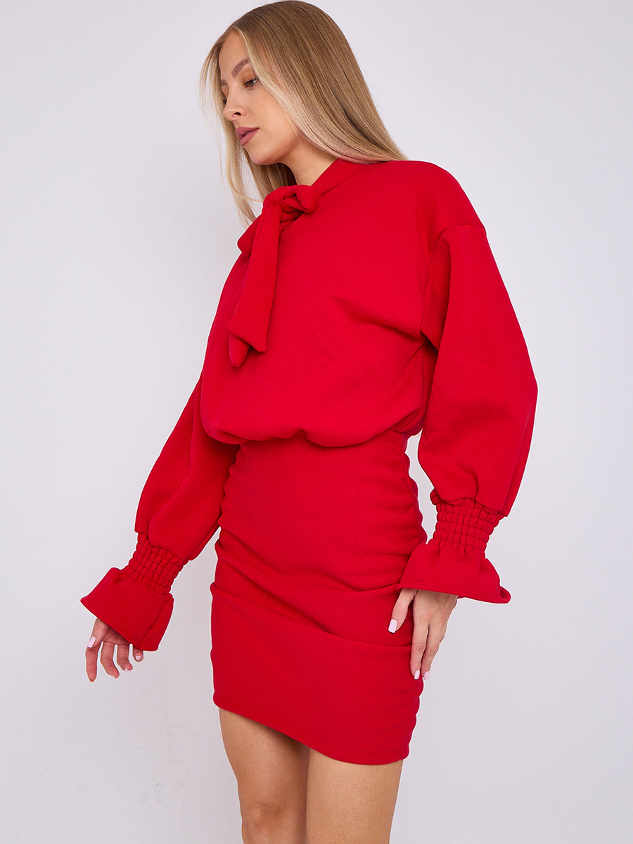 Puff Detail Ruched Fleece Dress