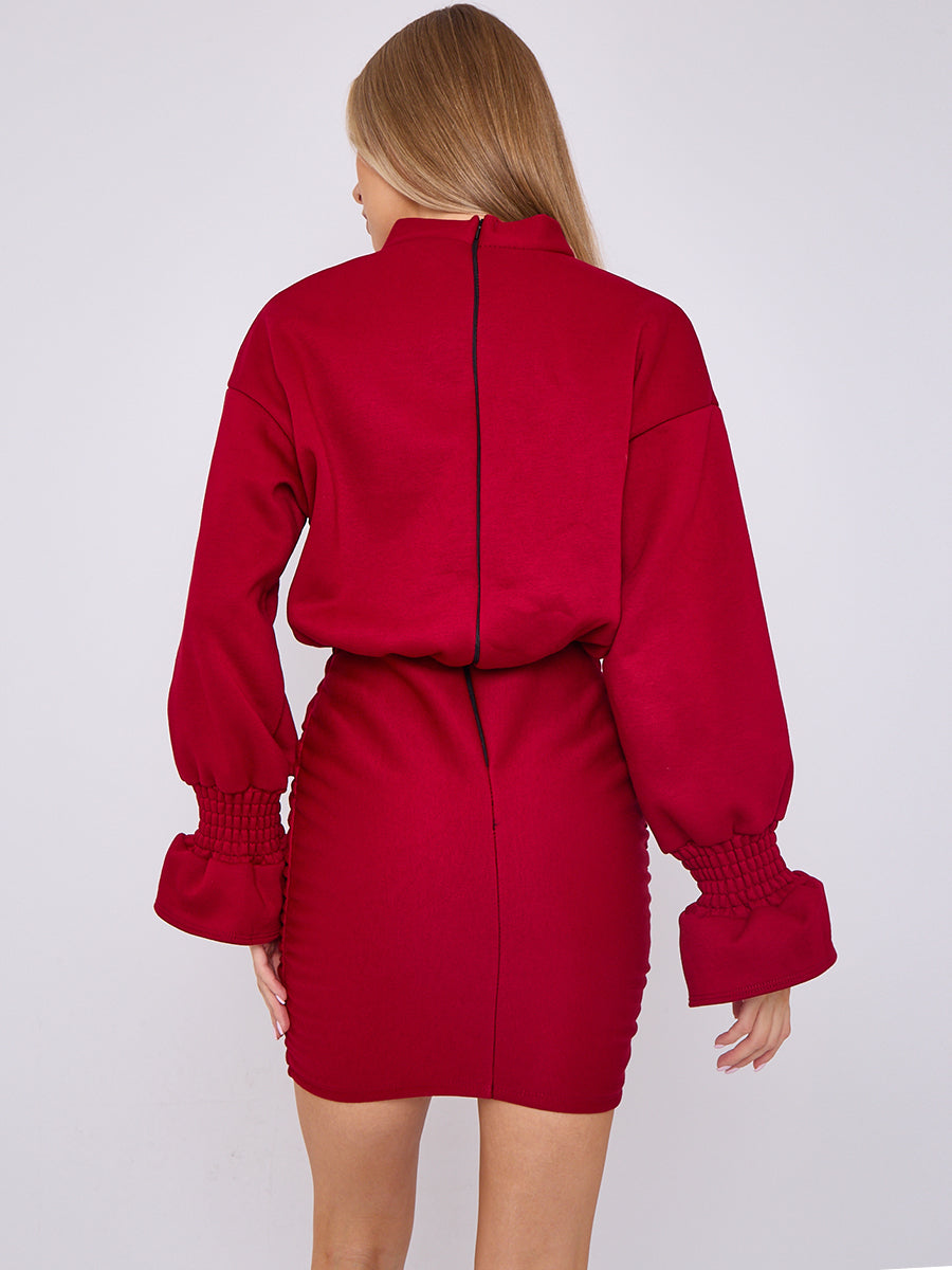 Puff Detail Ruched Fleece Dress