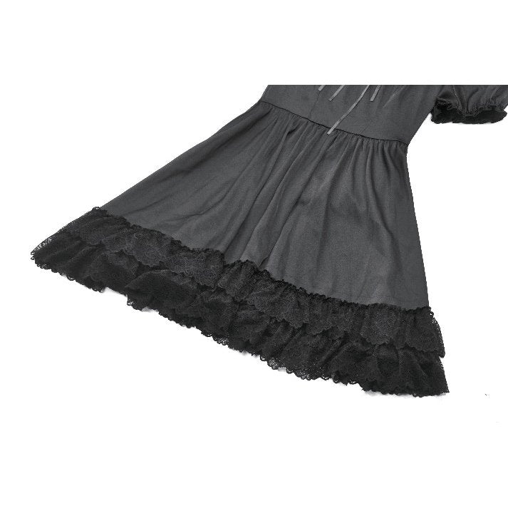 Dark in Love Belladonna Lace-Up High Collar Puff Sleeve Goth Dress in Black