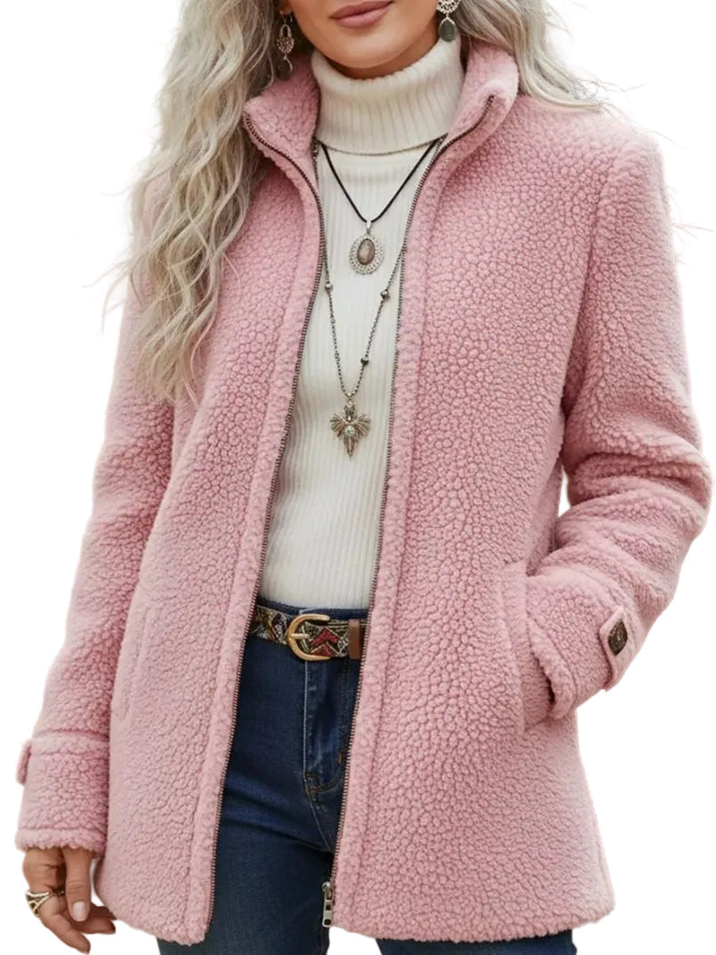 Fleece Zip-Up Jacket Women's Stand Collar Solid Color Loose Fit Casual Long Sleeve Outerwear Clothing