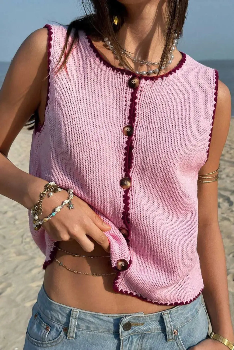 Pink Contrast Trim Knit Crop Top