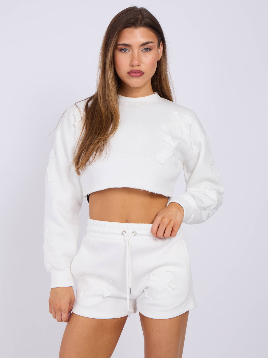 Cross Patch Cropped Sweatshirt & Shorts Fleece Co-ord