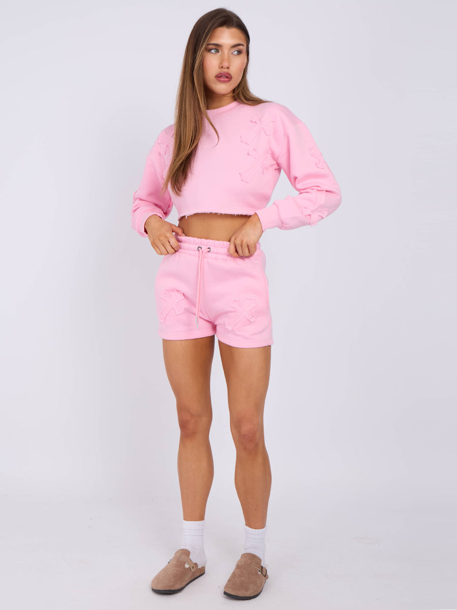 Cross Patch Cropped Sweatshirt & Shorts Fleece Co-ord