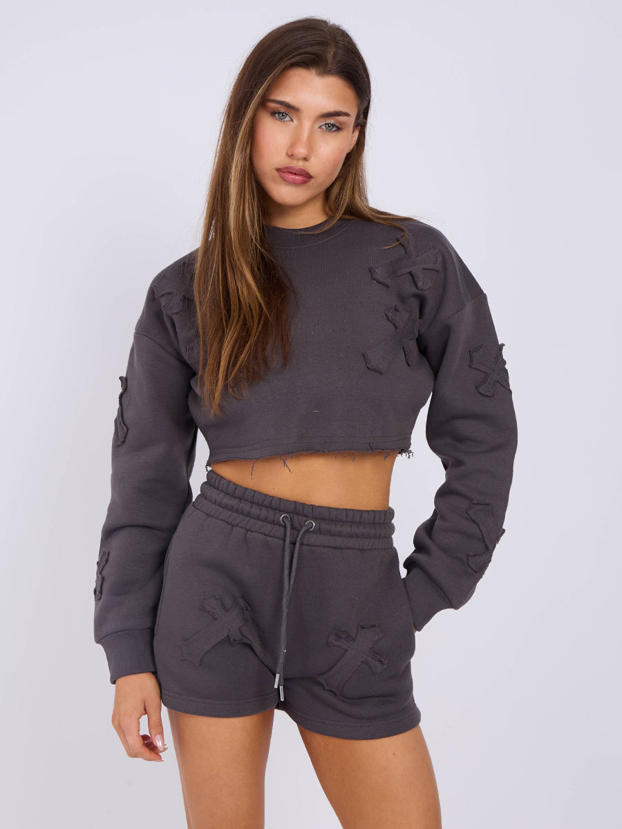 Cross Patch Cropped Sweatshirt & Shorts Fleece Co-ord