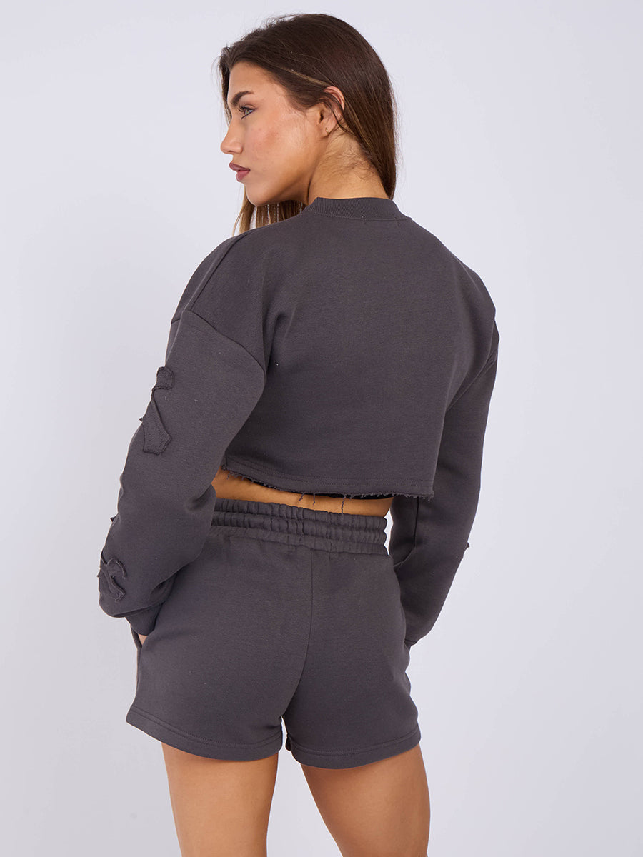 Cross Patch Cropped Sweatshirt & Shorts Fleece Co-ord