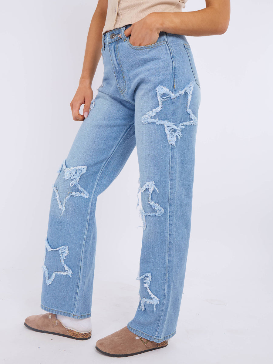 Embroidery Star Straight Leg Denim Jeans
