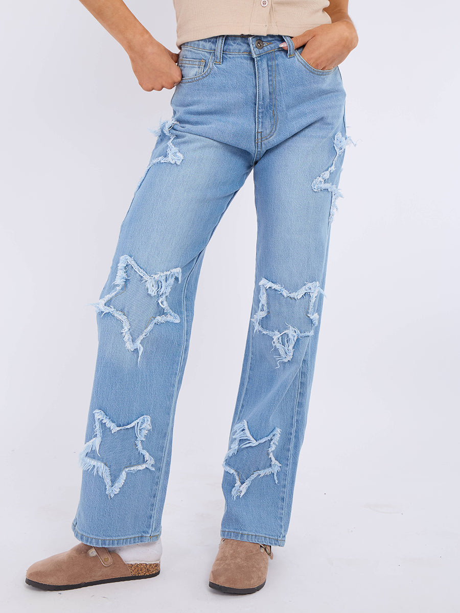 Embroidery Star Straight Leg Denim Jeans