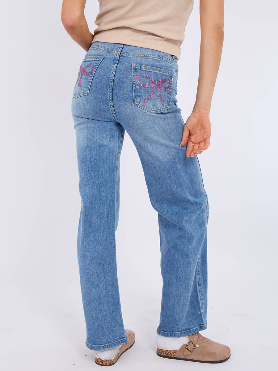 Straight Leg Denim Jeans With Bow Detail