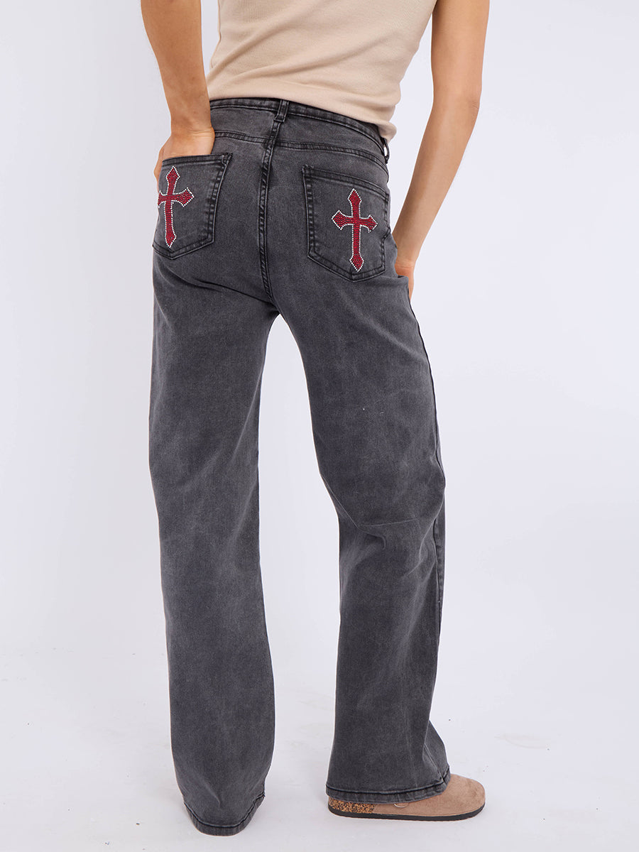Straight Leg Denim Jeans With Cross Detail