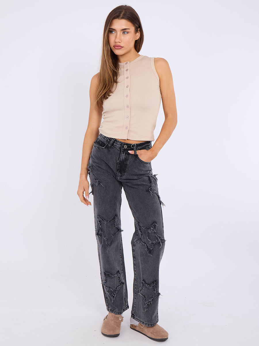 Embroidery Star Straight Leg Denim Jeans