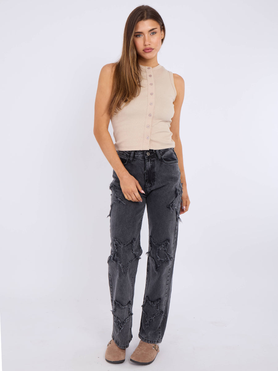 Embroidery Star Straight Leg Denim Jeans