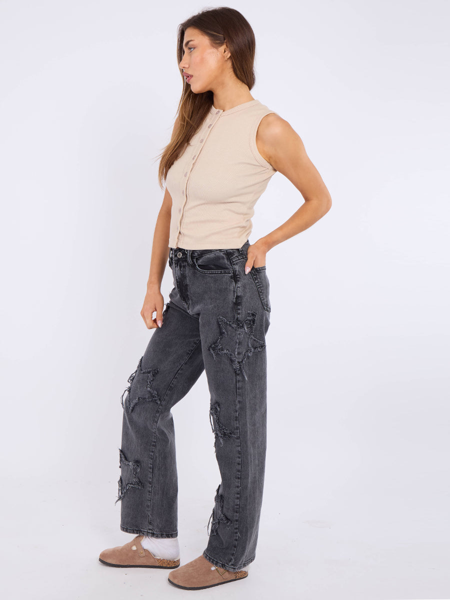 Embroidery Star Straight Leg Denim Jeans