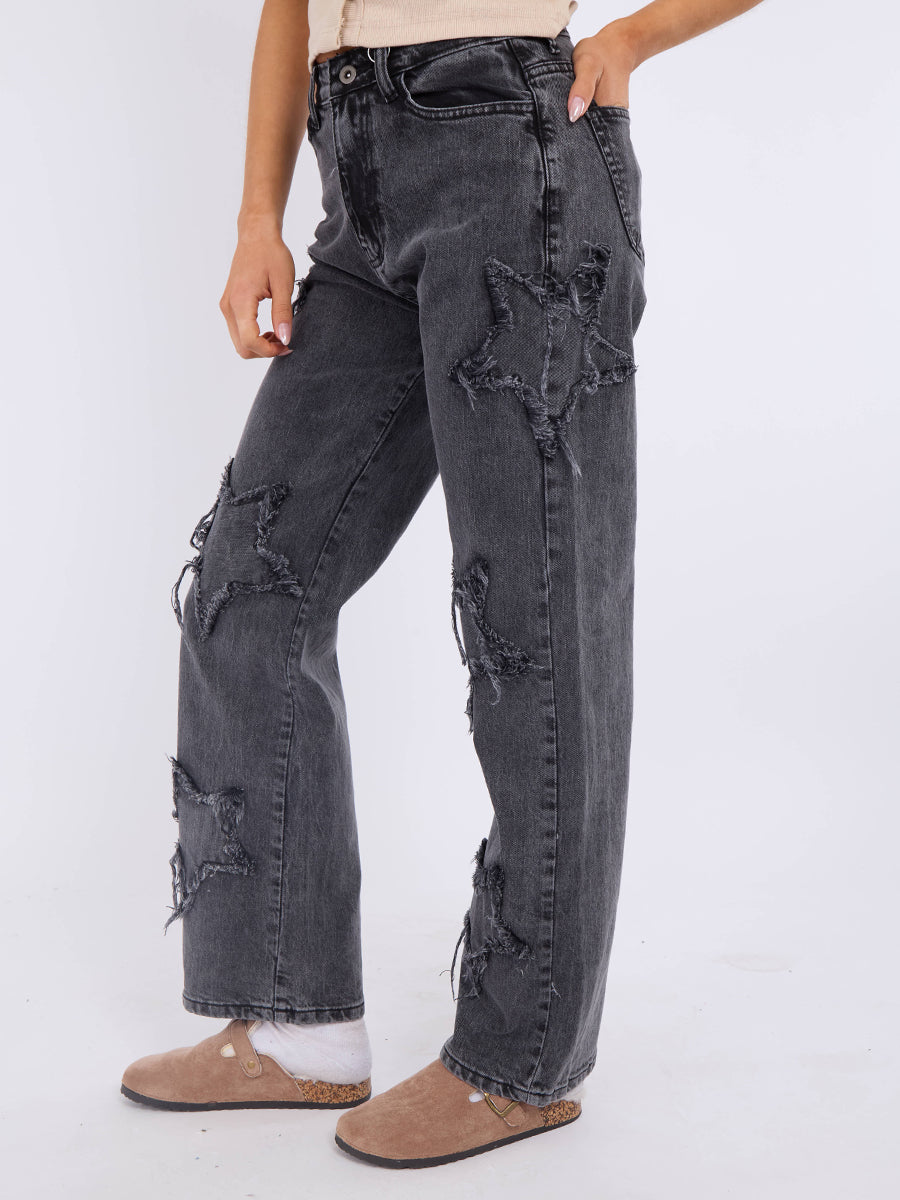 Embroidery Star Straight Leg Denim Jeans
