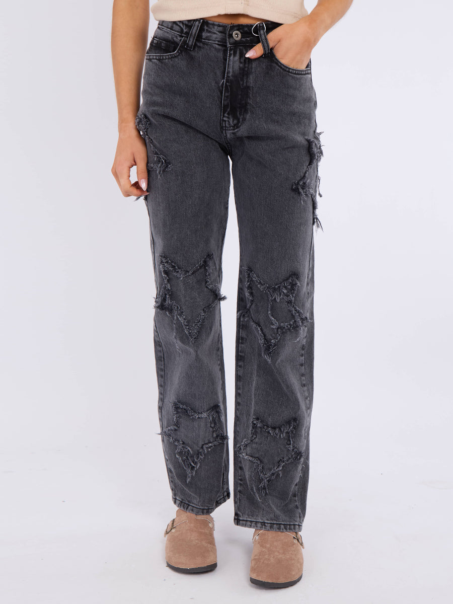 Embroidery Star Straight Leg Denim Jeans
