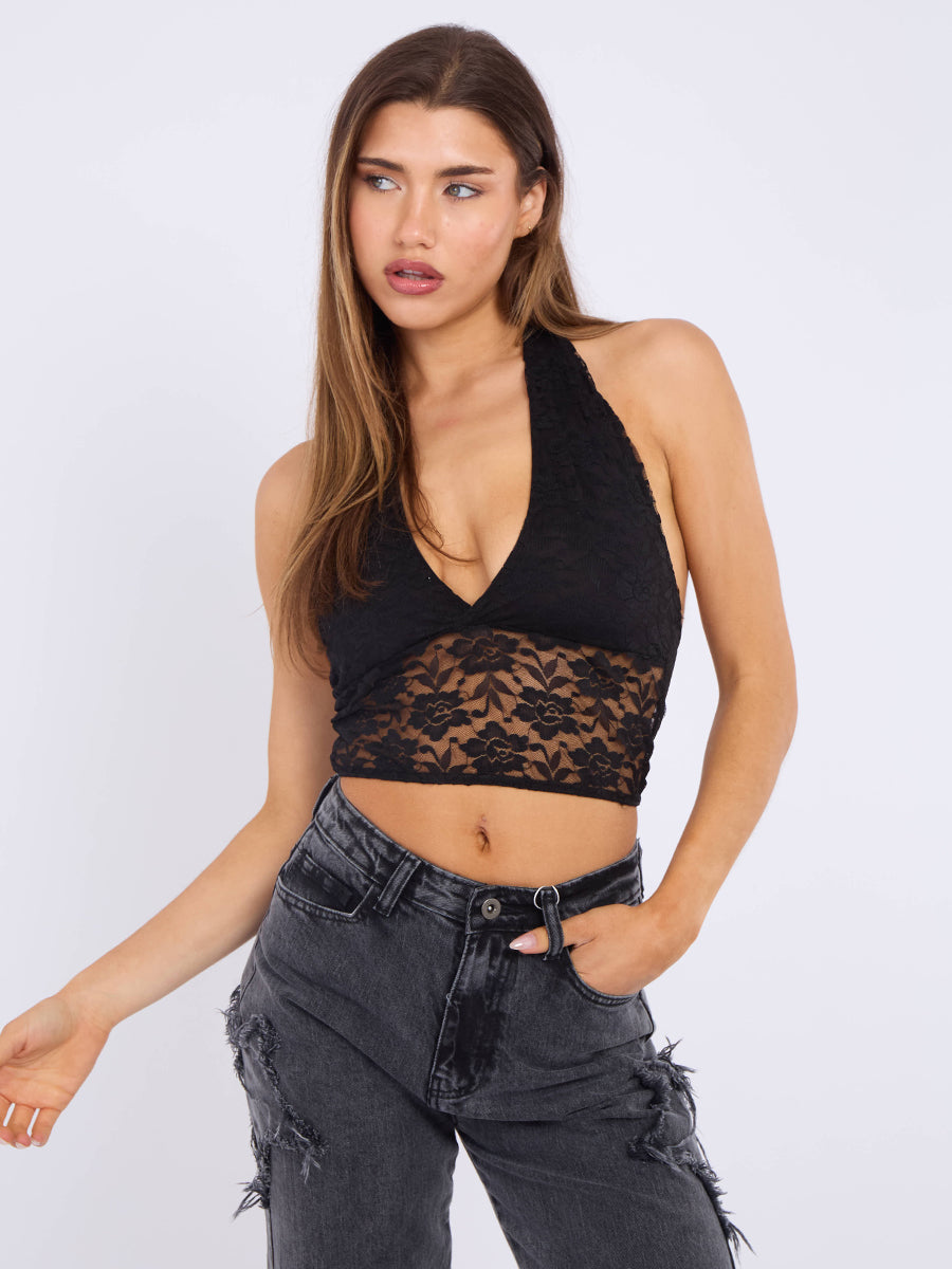 Halterneck Tie-Knot Lace Crop Top