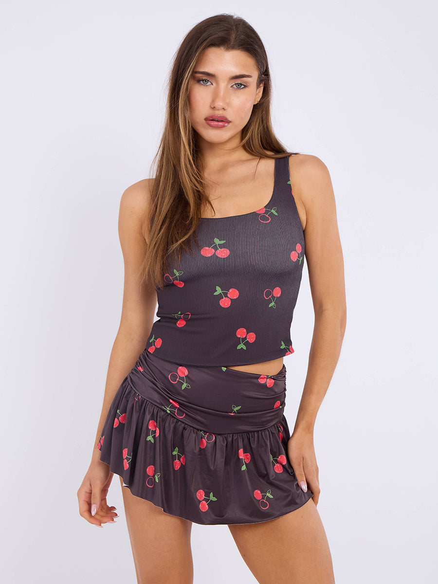 Cherry Print Slinky Mini Skort