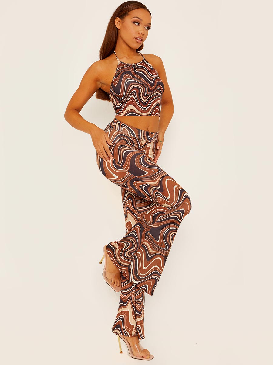Marble Print Scrunch Back Flared Slinky Trousers