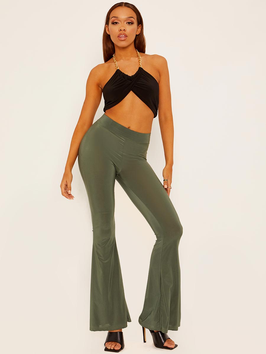 Scrunch Back Flared Slinky Trousers