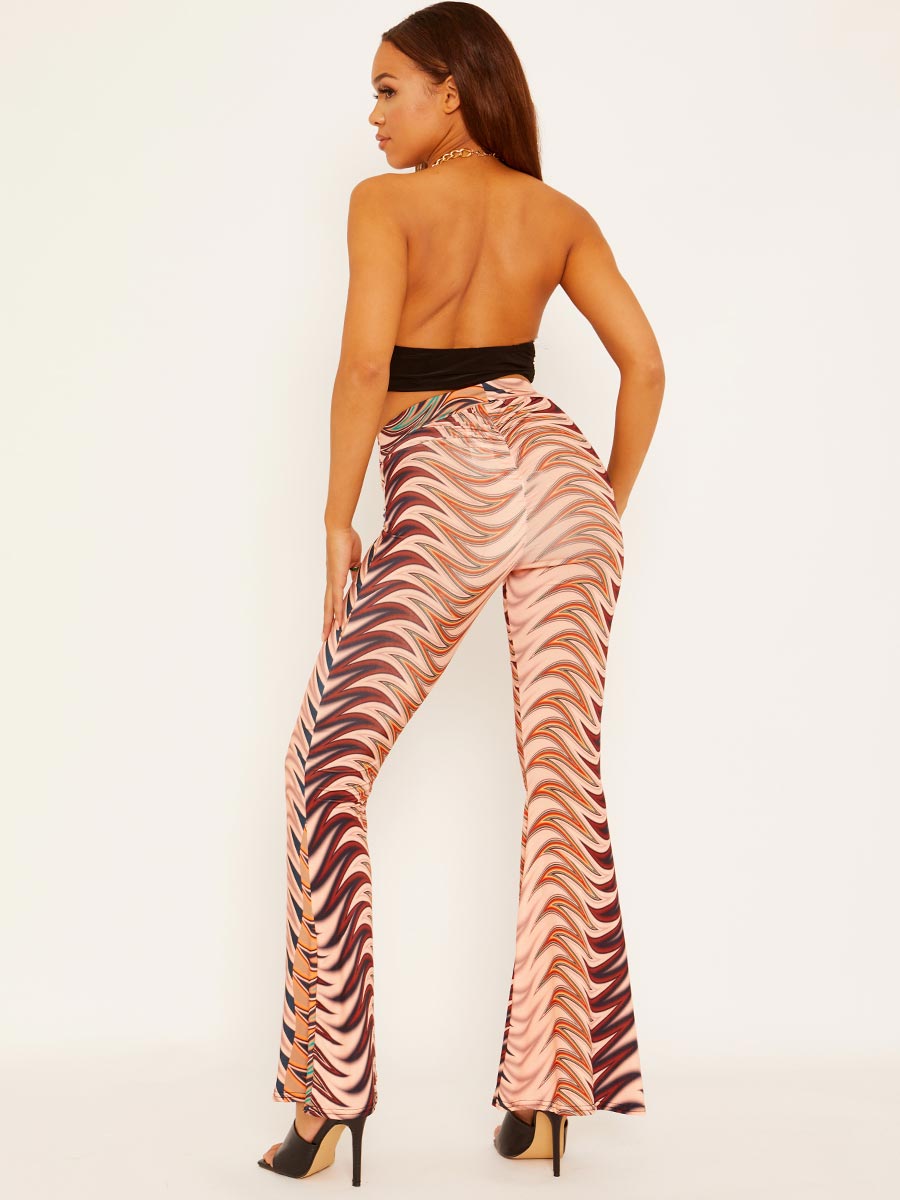 Abstract Print Scrunch Back Flared Slinky Trousers