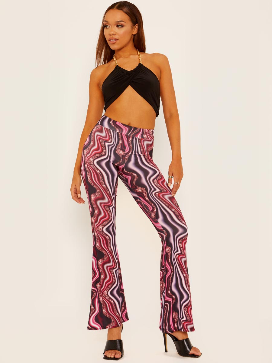 Abstract Print Scrunch Back Flared Slinky Trousers