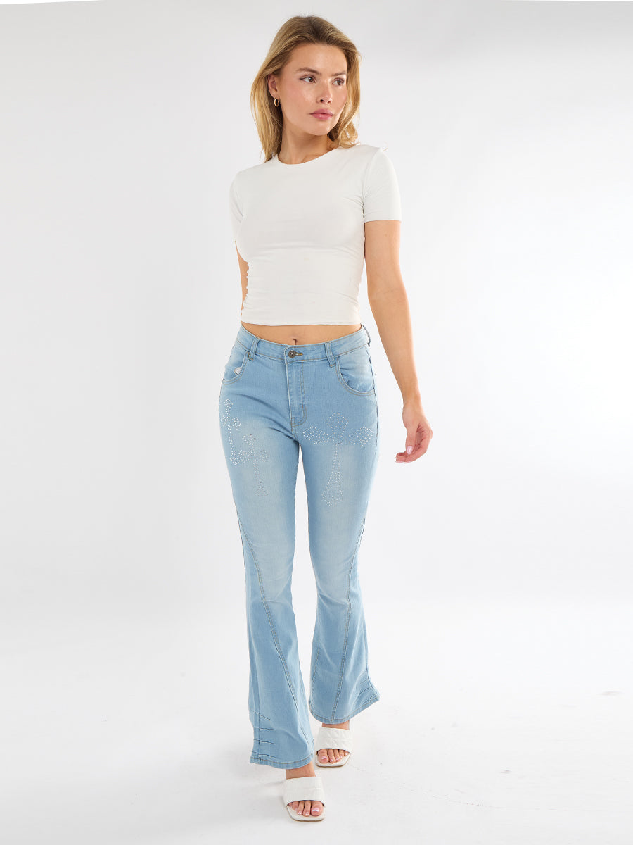 Wide Leg Cross Studded Denim Jeans