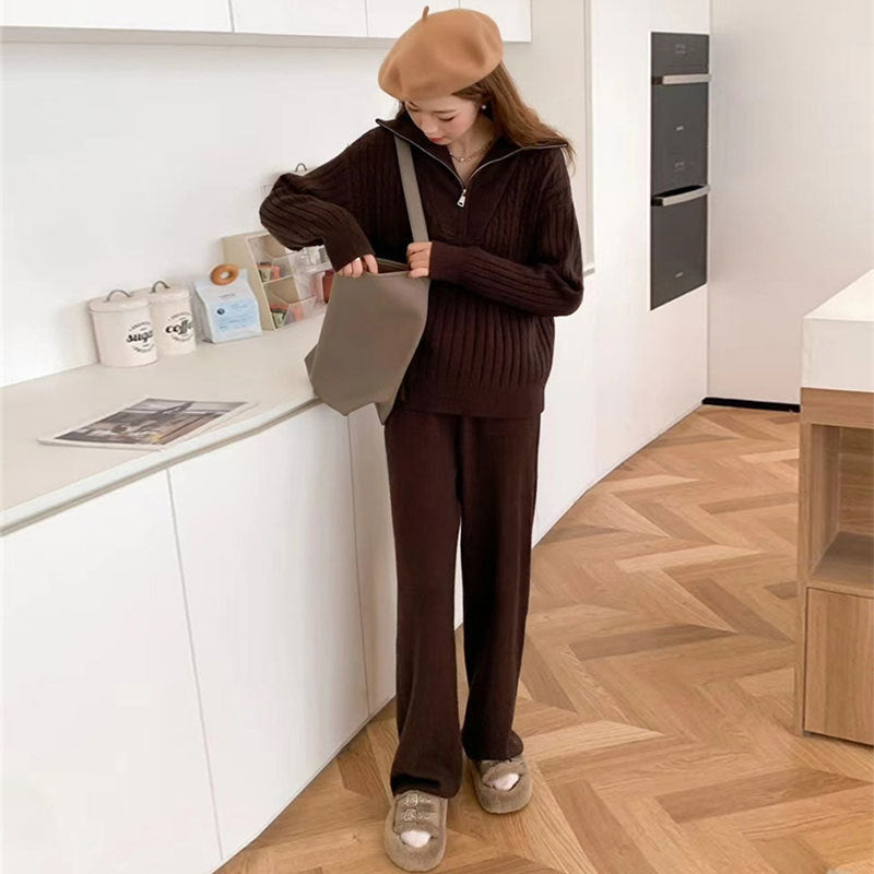 Turtleneck Zipper Lapel Pullover Long Sleeve Sweater Wide Leg Pants Two-piece Set