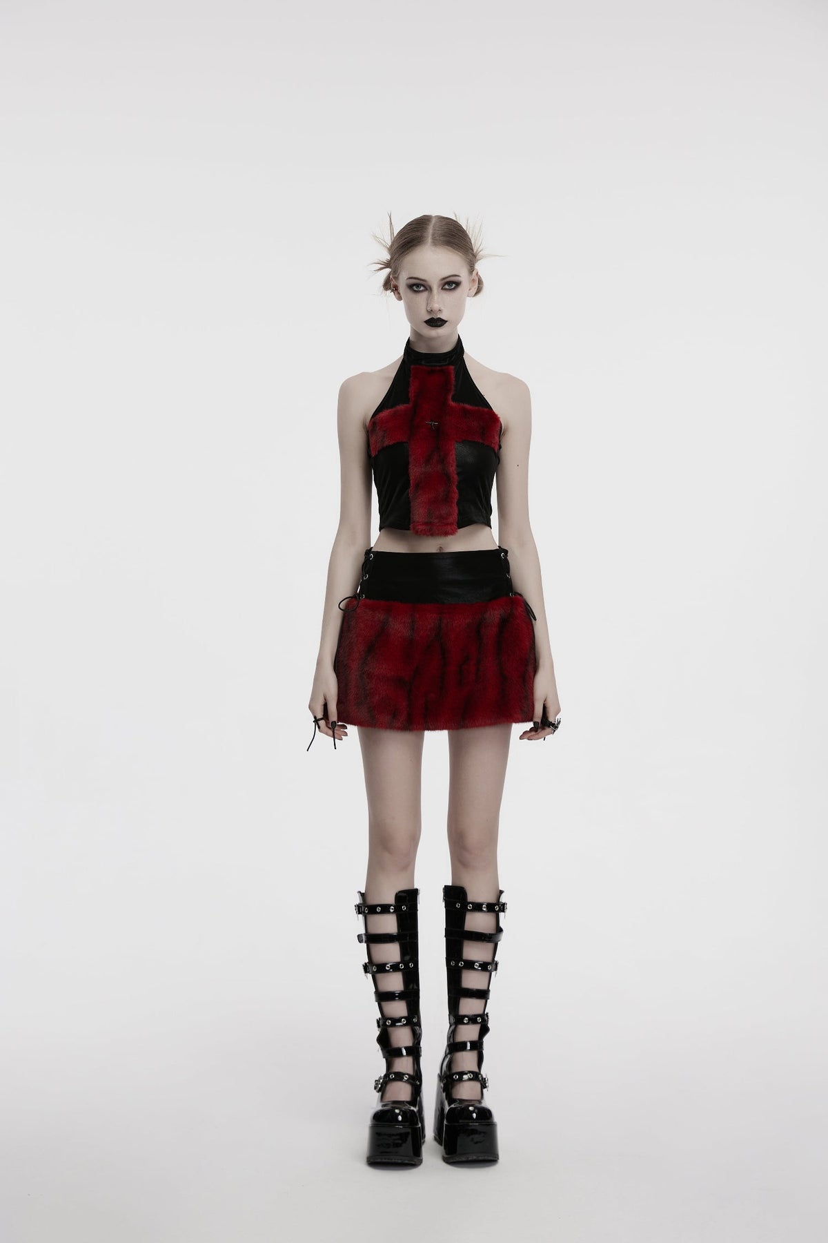 Punk Rave Valora Cross Fur Halter Top in Crimson