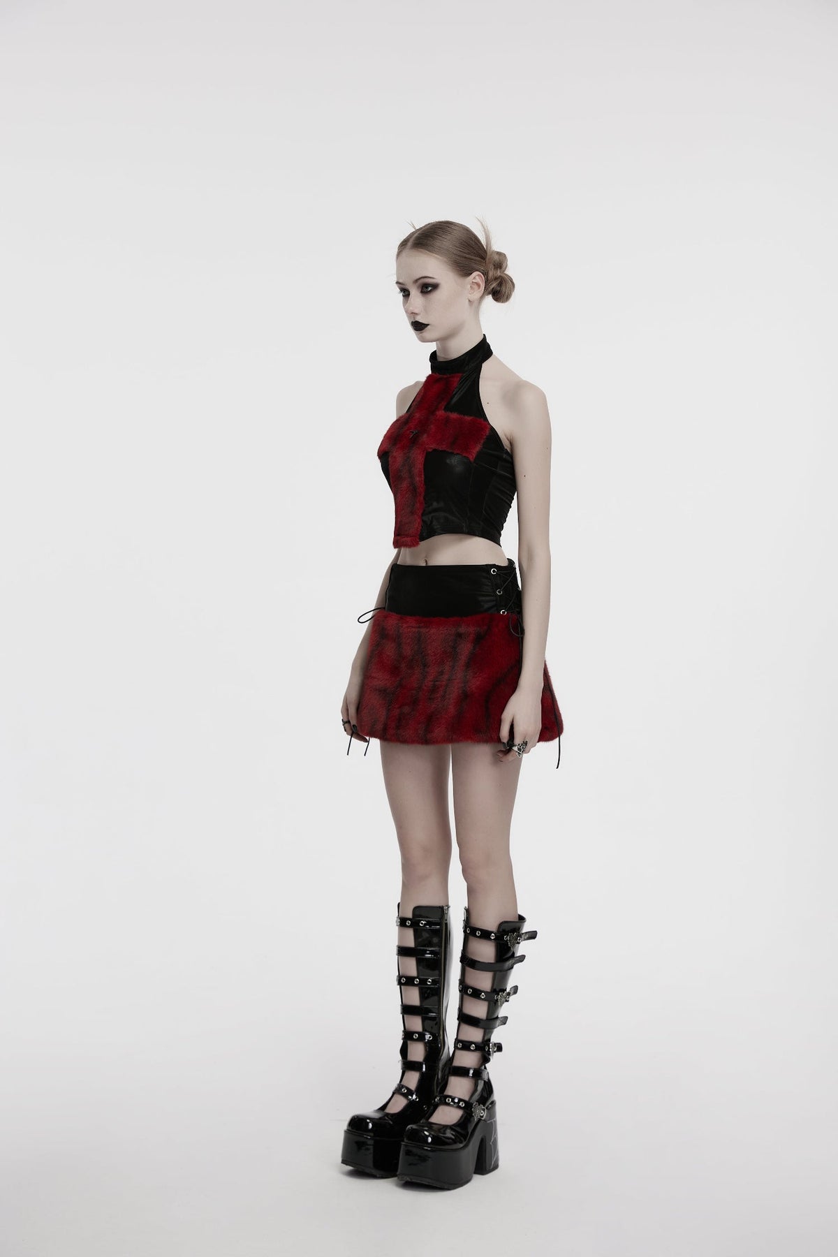 Punk Rave Valora Cross Fur Halter Top in Crimson