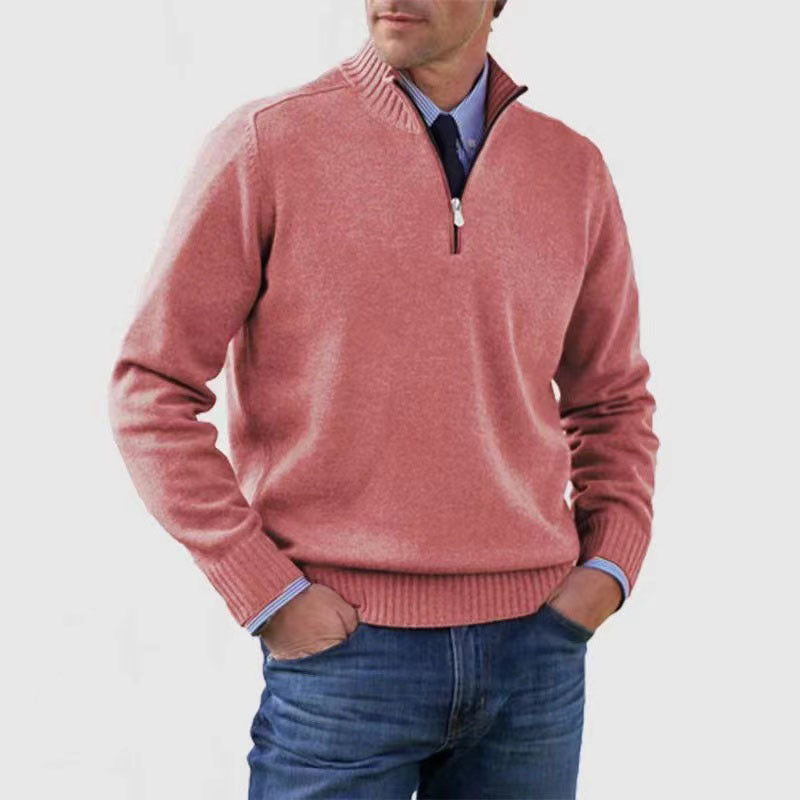 Men's Stand Collar Zipper Sweater Winter Fashion Solid Color Long Sleeve Knitted Top Clothing