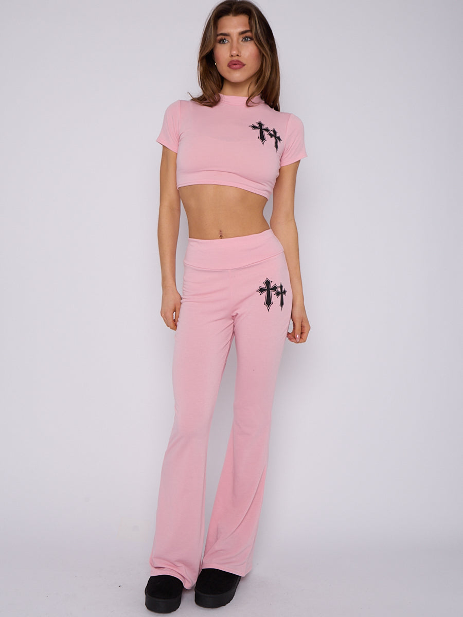 Crucifix Graphic Crop Top & Flare Trouser Co-ord