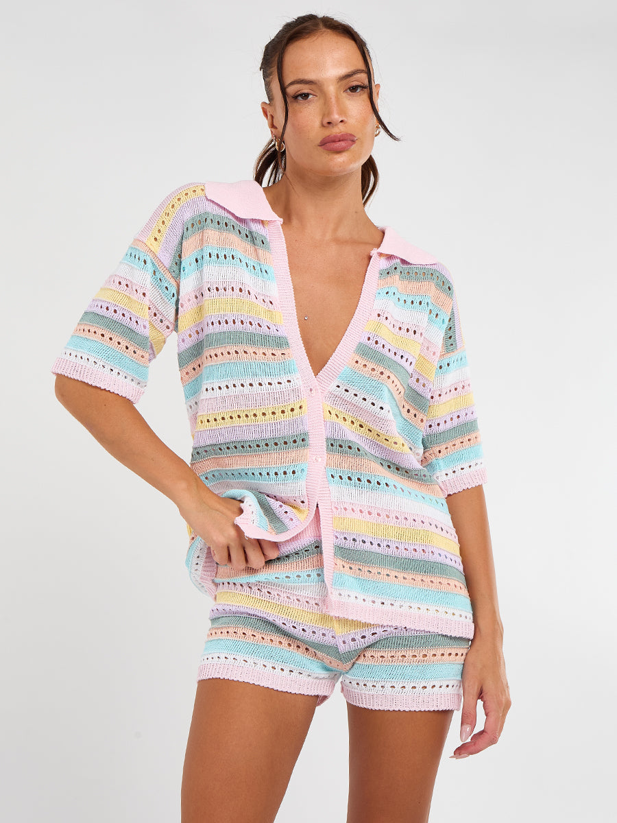 Stripe Crochet Knitted Top and Mirco Shorts