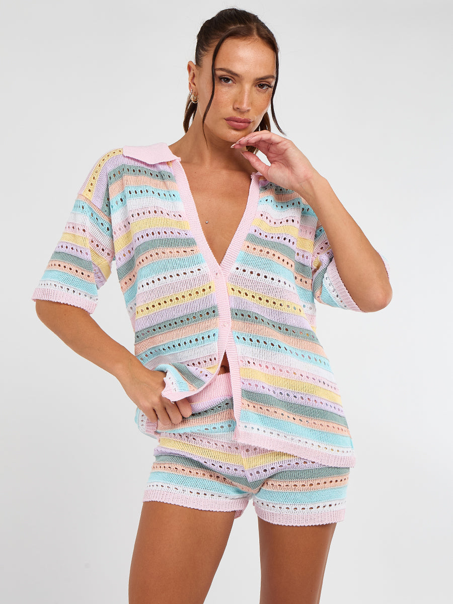 Stripe Crochet Knitted Top and Mirco Shorts