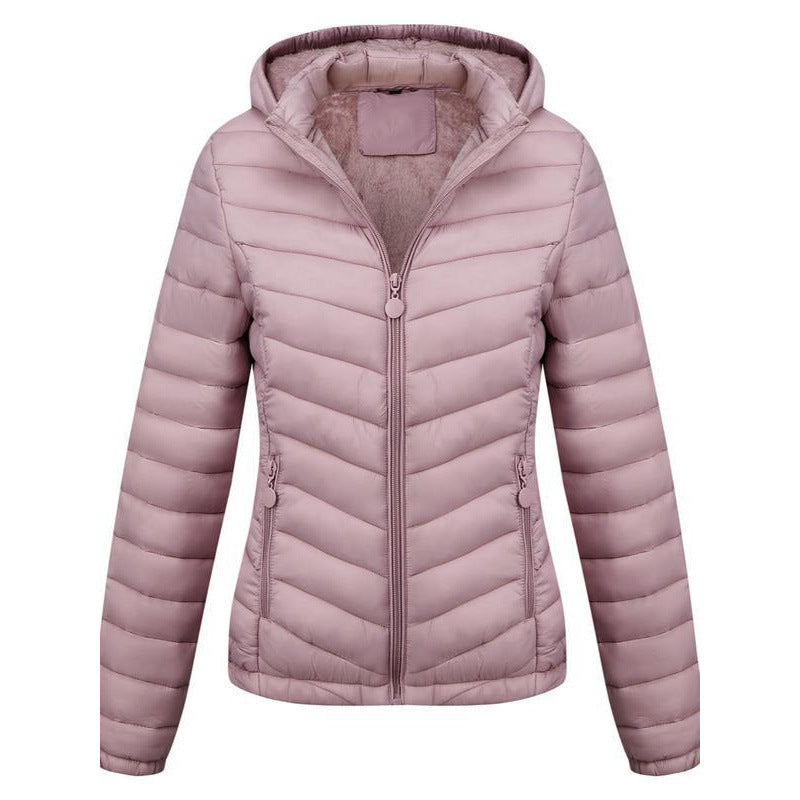 Women's Solid-Color Zippered Hooded Winter Coat Jacket Casual