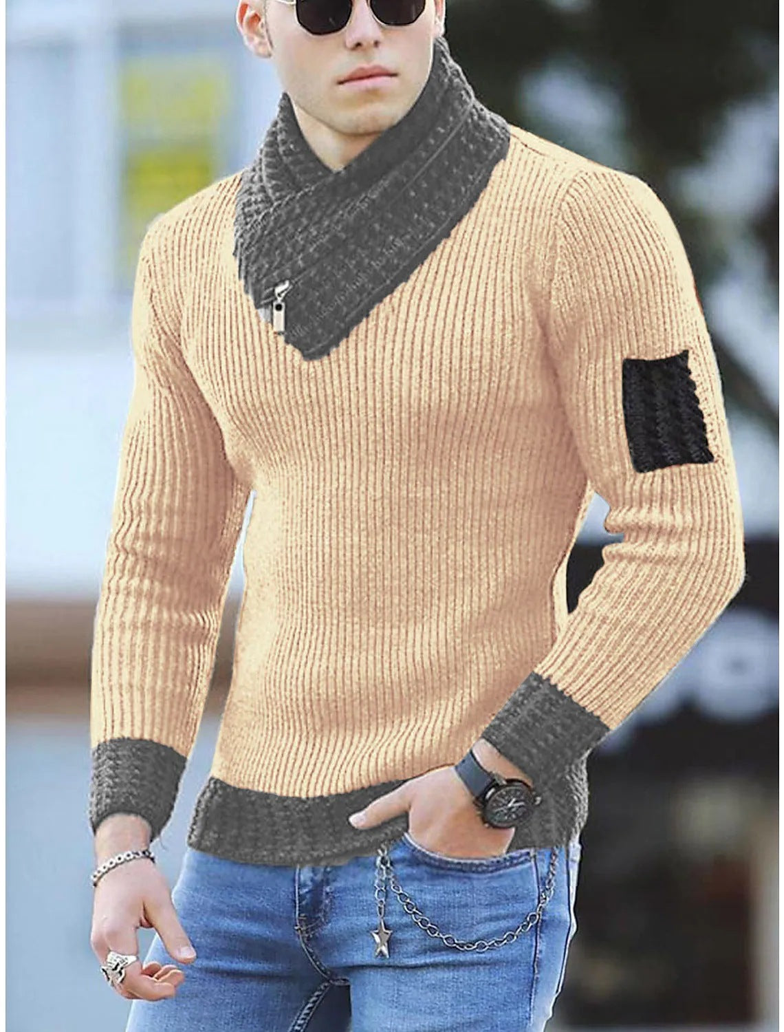 Men's Slim Knit Pullover Sweater with Scarf Collar – Long Sleeve Casual