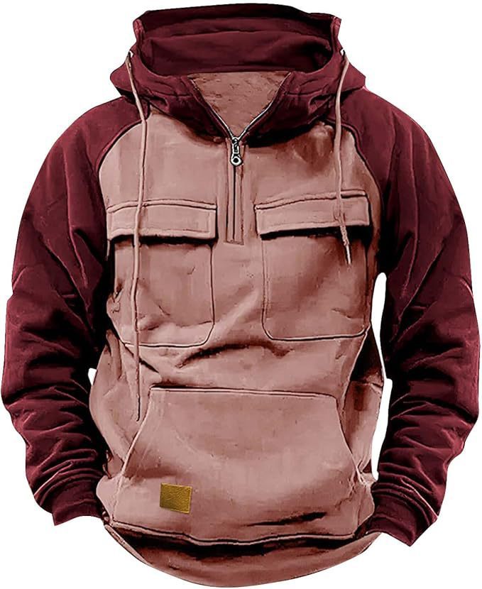 Men's Retro Cargo Half-Zip Fleece Hoodie – Warm Multi-Pocket Outdoor Hooded Jacket
