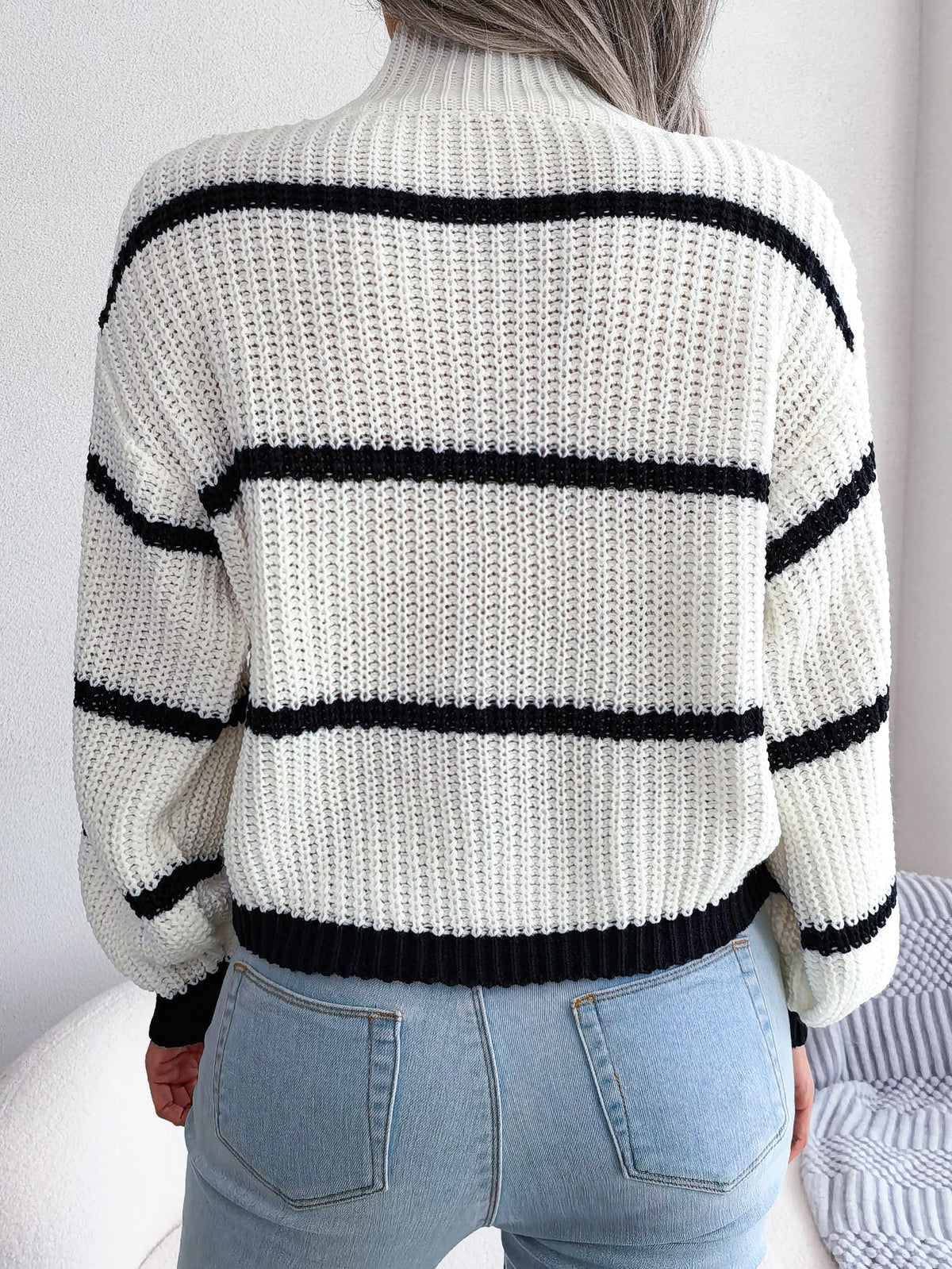Women Casual Striped Lantern Sleeve Half Turtleneck Knit Sweater