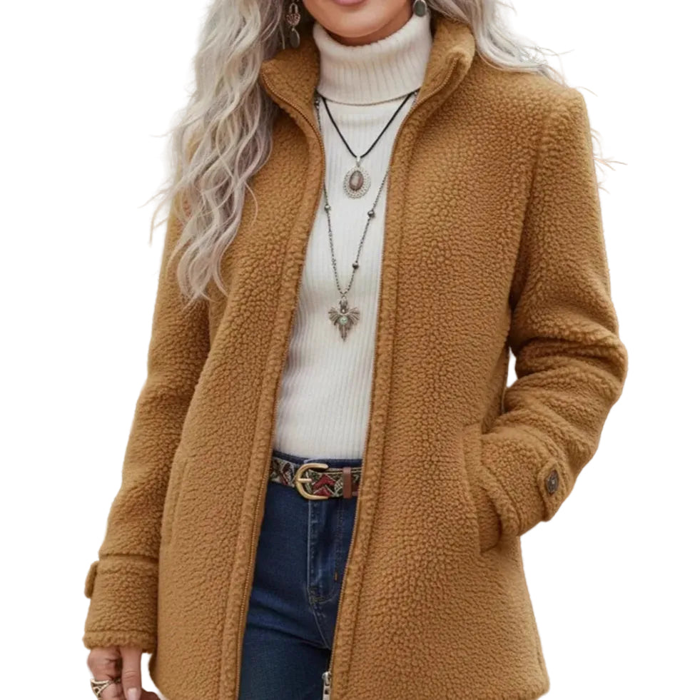 Fleece Zip-Up Jacket Women's Stand Collar Solid Color Loose Fit Casual Long Sleeve Outerwear Clothing