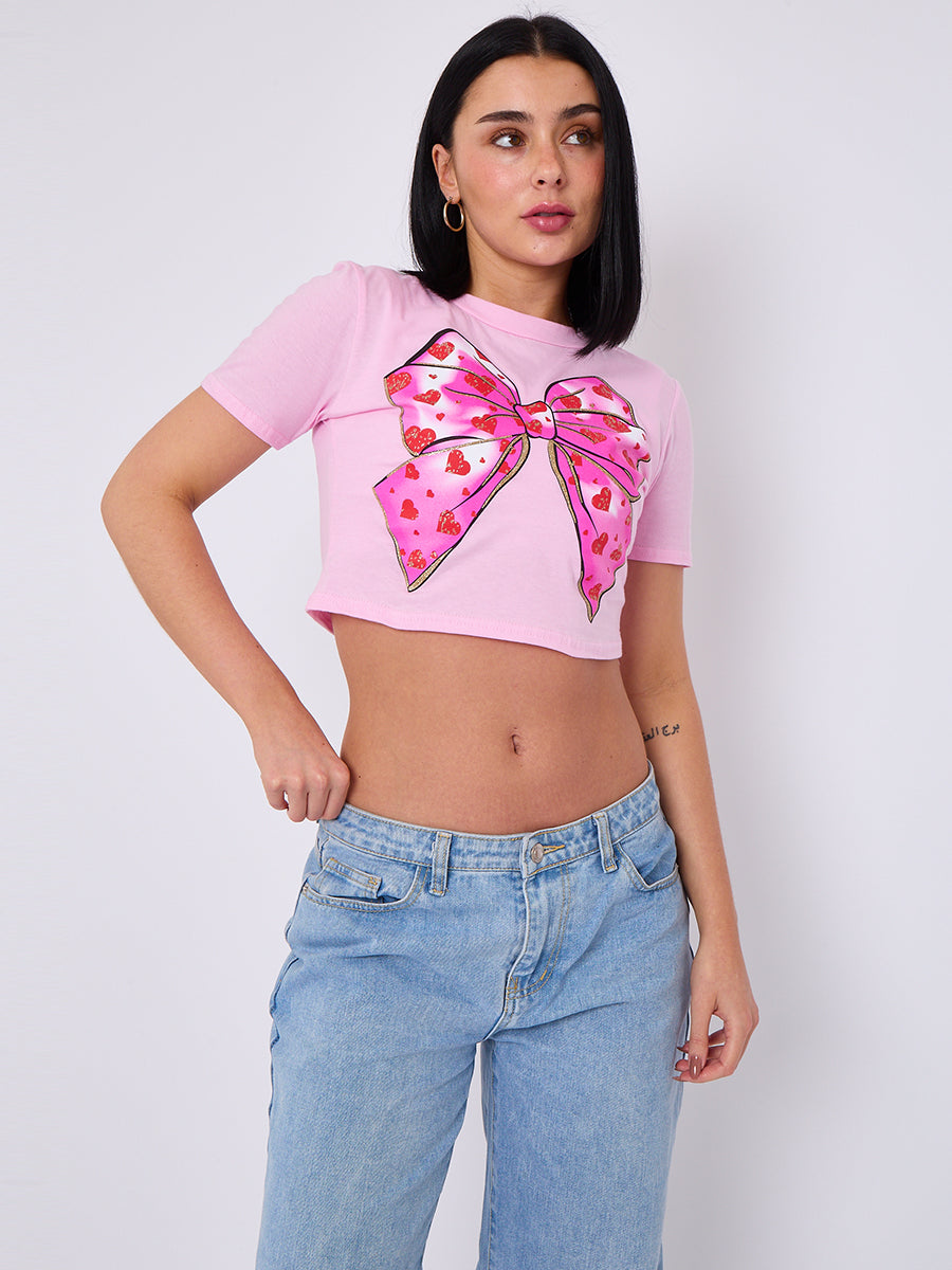 Bow Hearts Graphic Printed Crop Top
