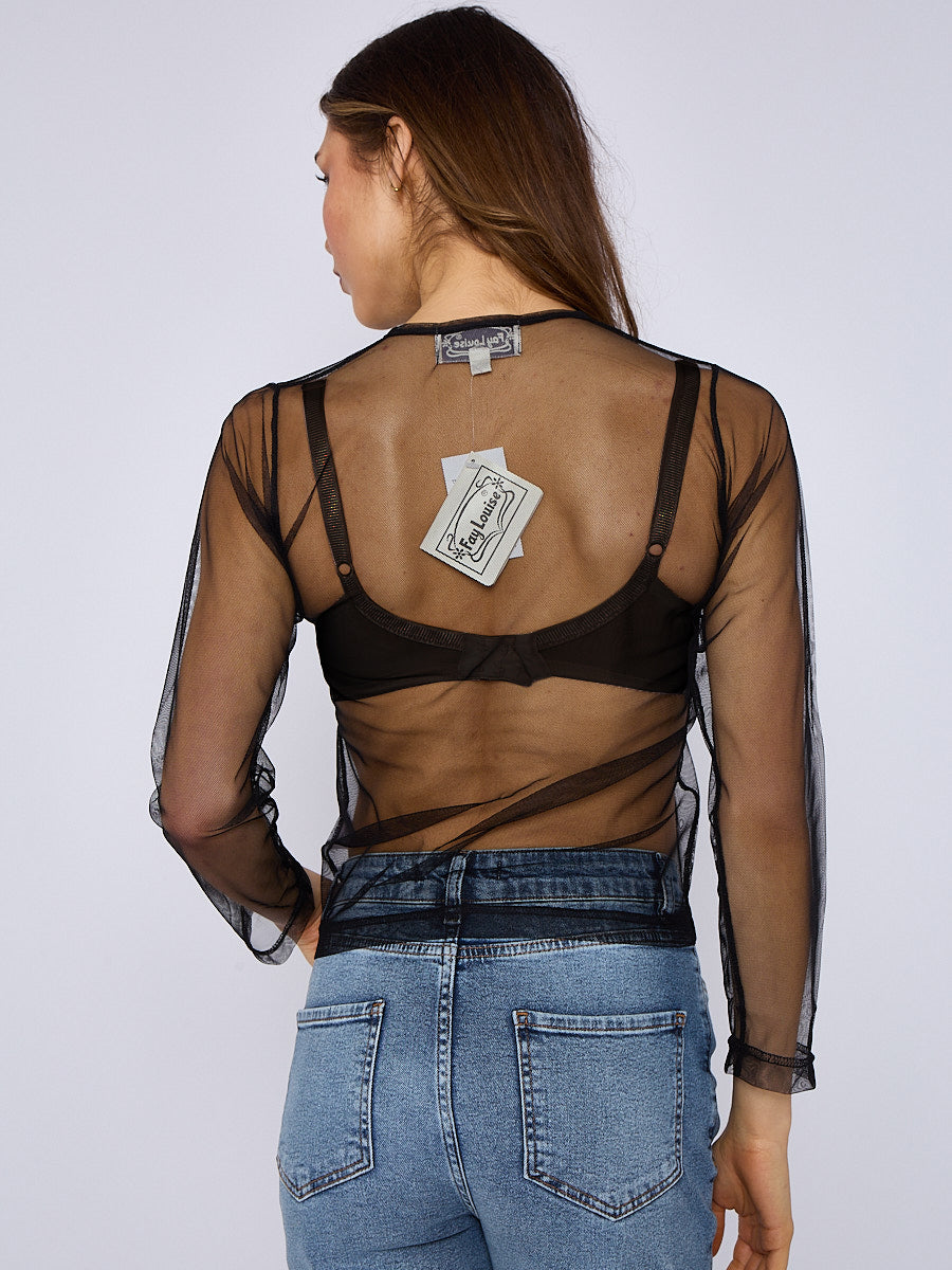 Mesh Button Through Long Sleeve Top